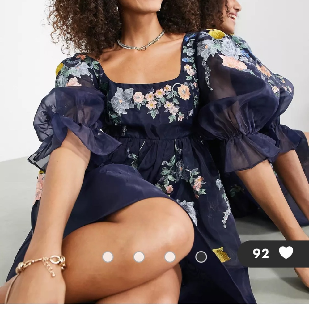 Asos Edition Puff Sleeve Embroidered Navy Mini Dress